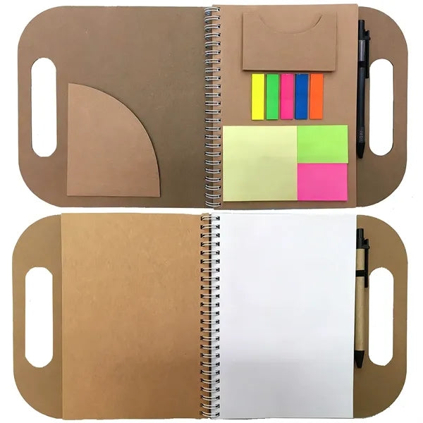 Eco-Friendly Brown Paper Sticky Notes Spiral Notebook w/ Pen