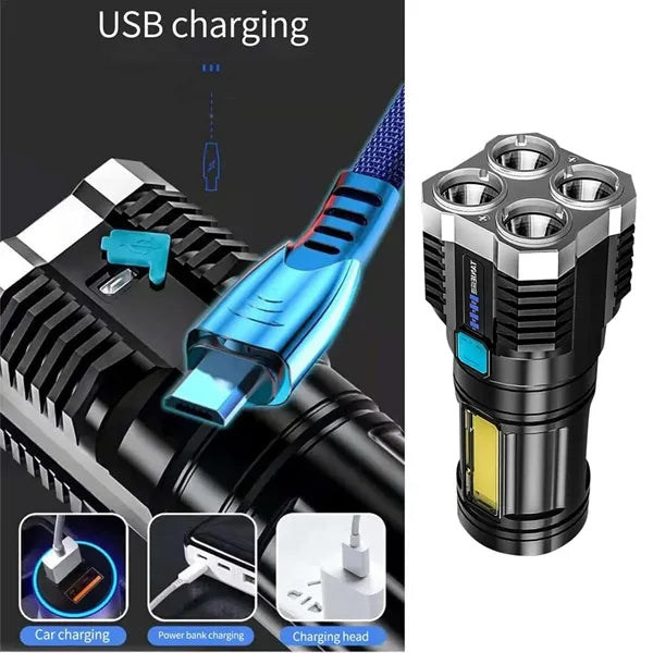 Outdoor 4 Core LED Rechargeable Flashlight with Side Light
