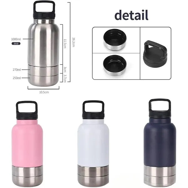3 In 1 Steel Travel Water Handle Bottle w/ 2 Bowls for Pet