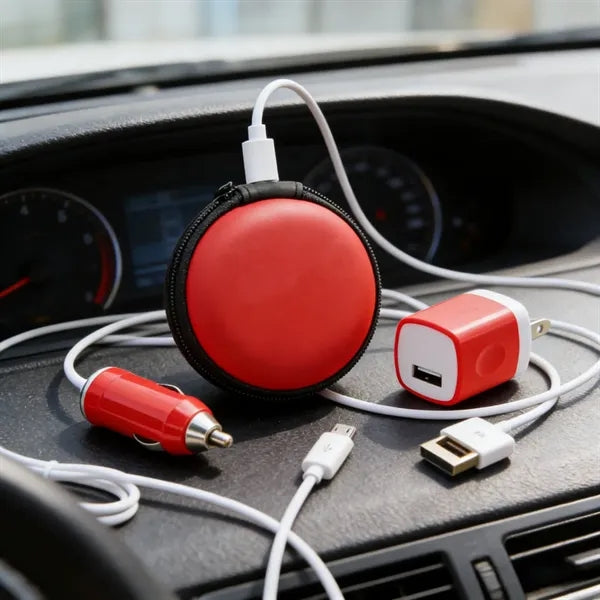Round Car Charging 3in1 Data Cable Storage Bag Set