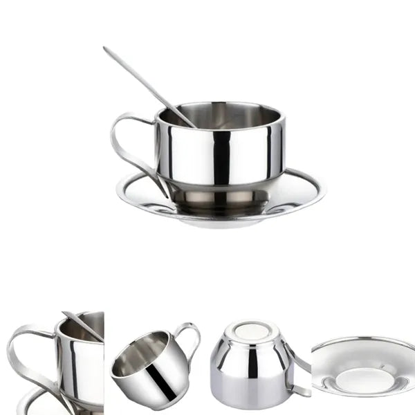 4.2 Oz Stainless Steel Coffee Cup Set (Cup Saucer & Spoon)