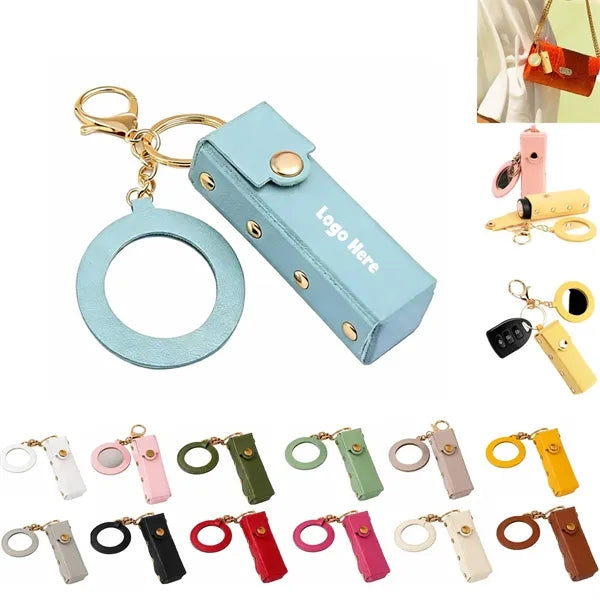PU Leather Lipstick Holder Keychain Mirror