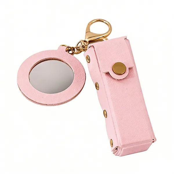 PU Leather Lipstick Holder Keychain Mirror