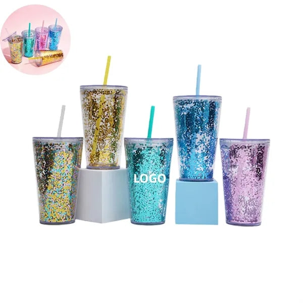 16oz Double-Wall Glitter Plastic Water Cup