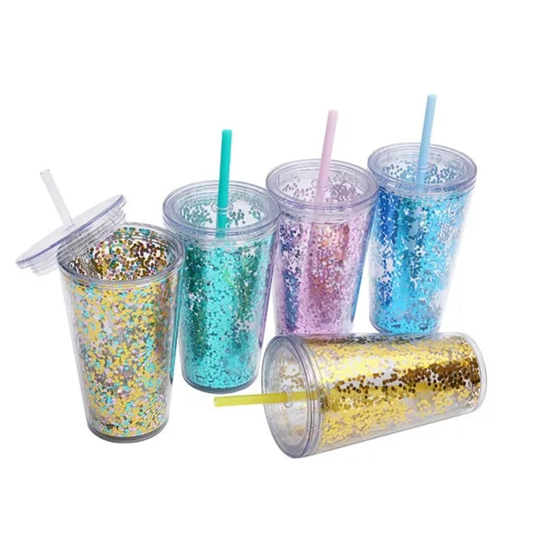 16oz Double-Wall Glitter Plastic Water Cup