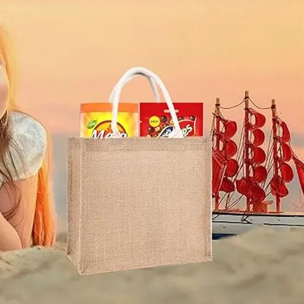 Jute Burlap Tote Bag With Soft White Cotton Rope Handles