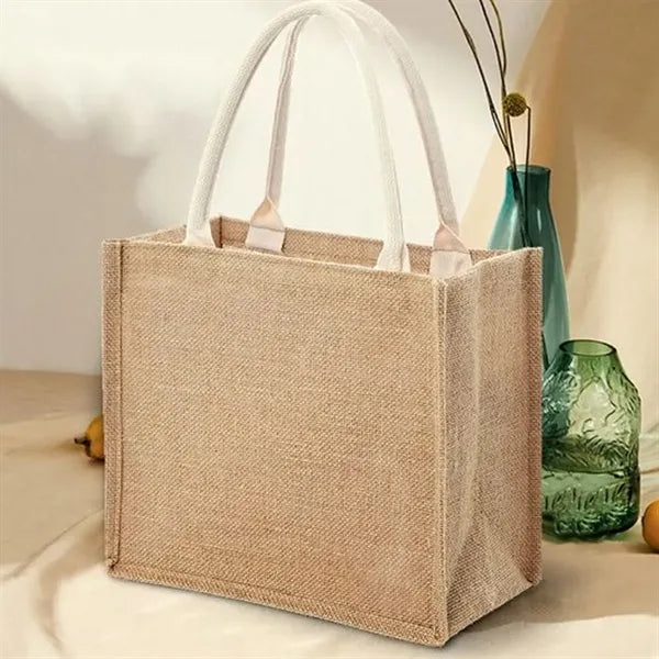 Jute Burlap Tote Bag With Soft White Cotton Rope Handles