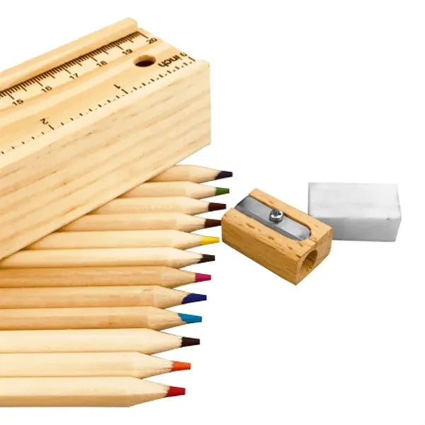 Wooden 12 Pcs Colored Pencil Set With Ruler Lid