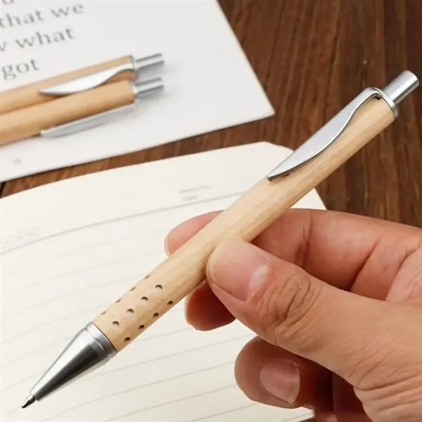 Retractable Bamboo Gel Pen With Chrome Accents