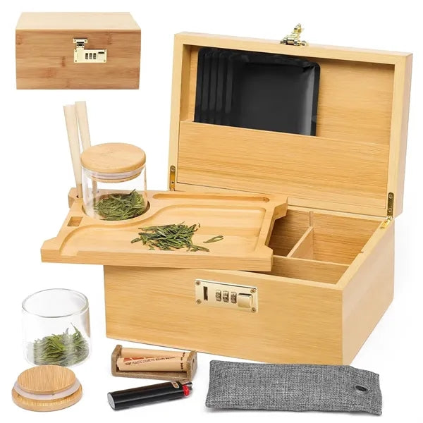 Bamboo Storage Box W/ Multiple Compartments & Organizer Tray
