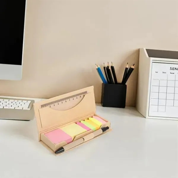 Portable Sticky Note Box with Ruler and Pen