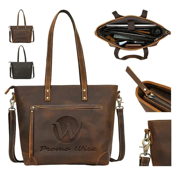Crazy Horse Leather Crossbody Tote Bag with Outside Pockets