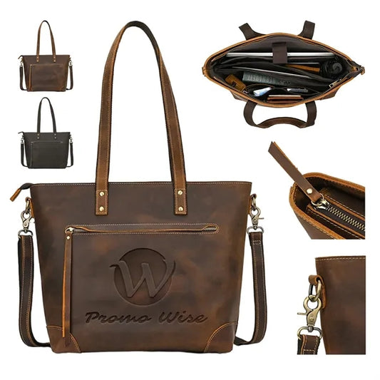 Crazy Horse Leather Crossbody Tote Bag with Outside Pockets