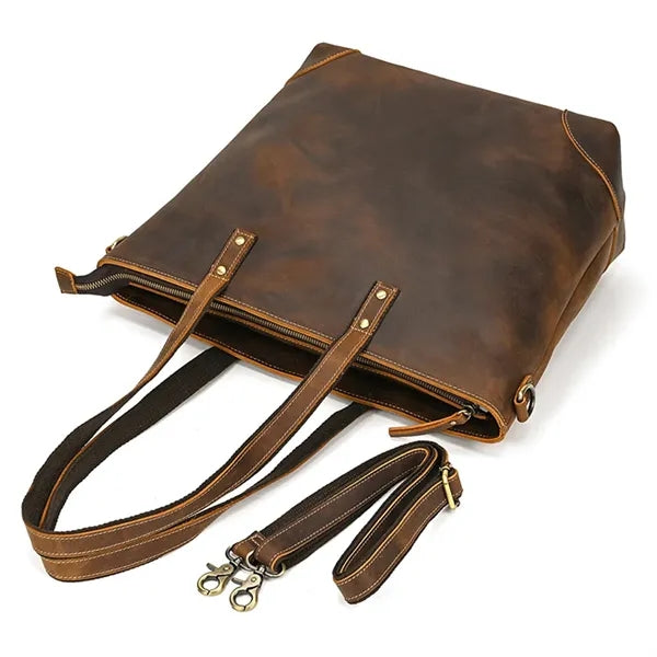 Crazy Horse Leather Crossbody Tote Bag with Outside Pockets