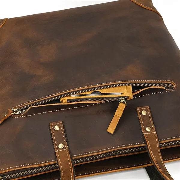 Crazy Horse Leather Crossbody Tote Bag with Outside Pockets