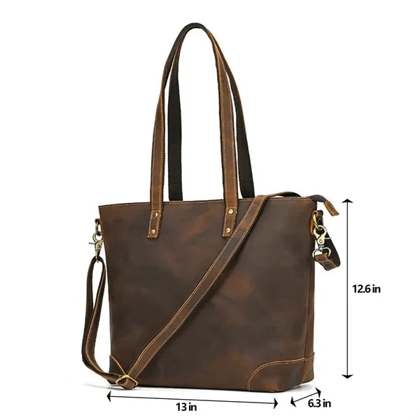 Crazy Horse Leather Crossbody Tote Bag with Outside Pockets