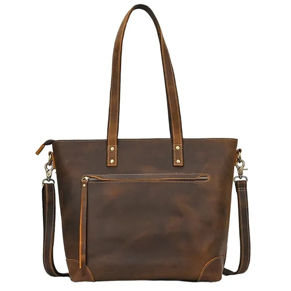 Crazy Horse Leather Crossbody Tote Bag with Outside Pockets