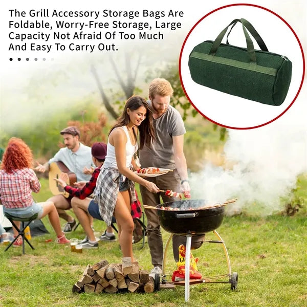 Extra Thick Canvas Round Zipper Grill Tool Storage Tote Bag