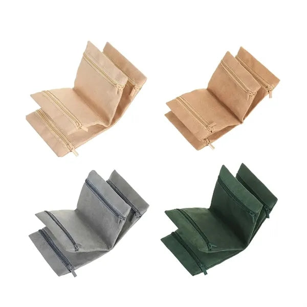 Foldable 4-Zipper Pocket Velvet Jewelry Roll Organizer