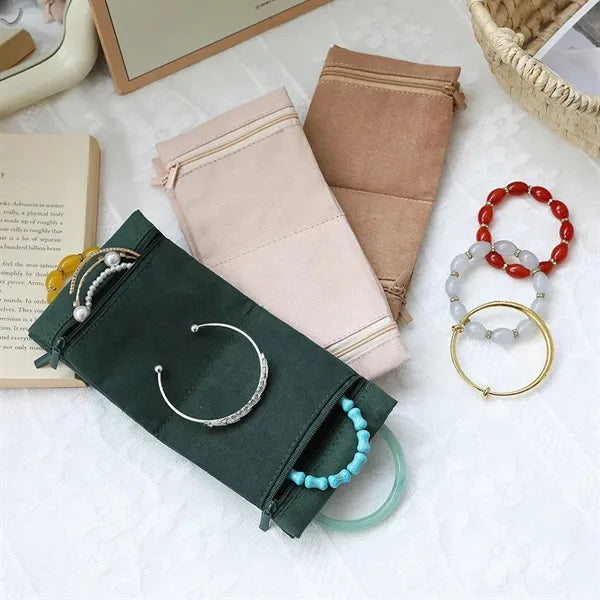 Foldable 4-Zipper Pocket Velvet Jewelry Roll Organizer