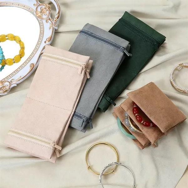 Foldable 4-Zipper Pocket Velvet Jewelry Roll Organizer