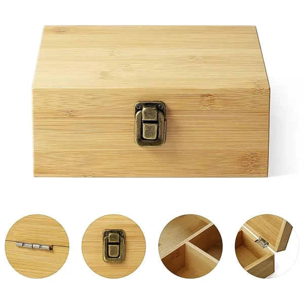 Premium Bamboo Wooden Storage Box w/ Metal Latch & Dividers