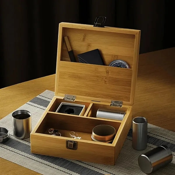Premium Bamboo Wooden Storage Box w/ Metal Latch & Dividers
