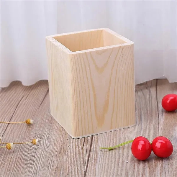 Square Unfinished Solid Wood DIY Pen Holder & Desk Organizer