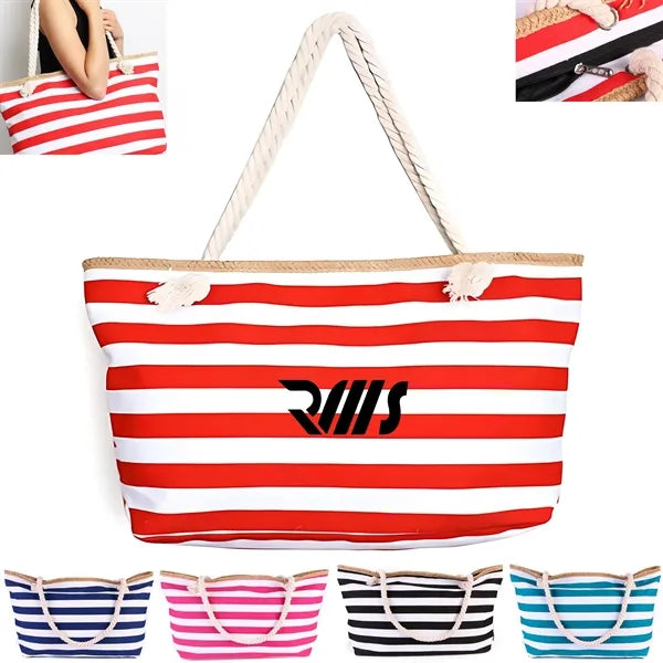 Oversized Weathered-Stripe Canvas Tote Bag with Rope Handles