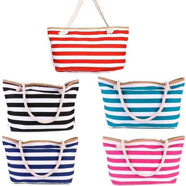 Oversized Weathered-Stripe Canvas Tote Bag with Rope Handles