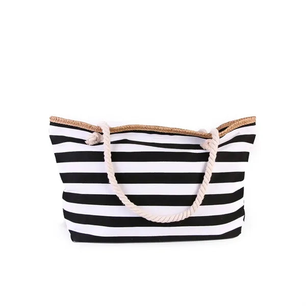 Oversized Weathered-Stripe Canvas Tote Bag with Rope Handles