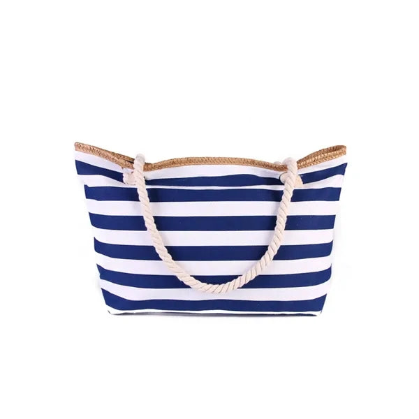 Oversized Weathered-Stripe Canvas Tote Bag with Rope Handles