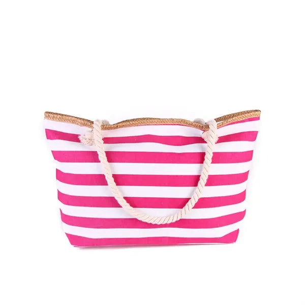 Oversized Weathered-Stripe Canvas Tote Bag with Rope Handles