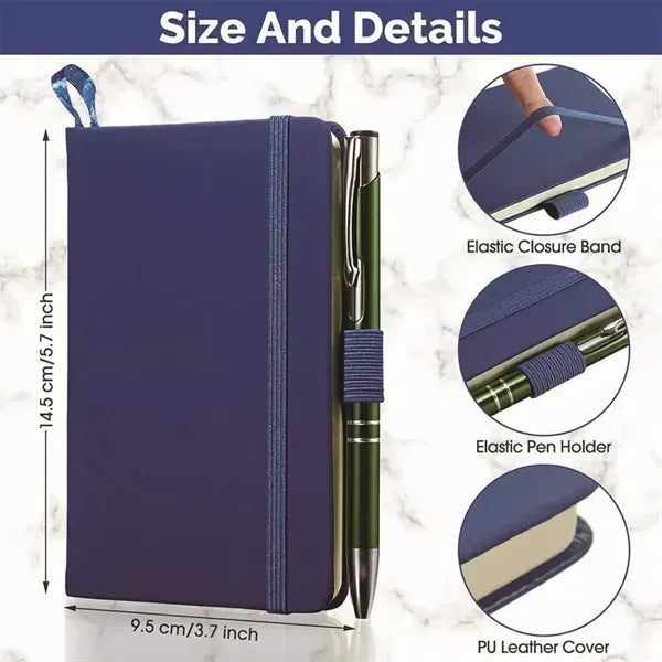 A6 PU Leather Small Notebook Ruled Notepad With Pen Holder &