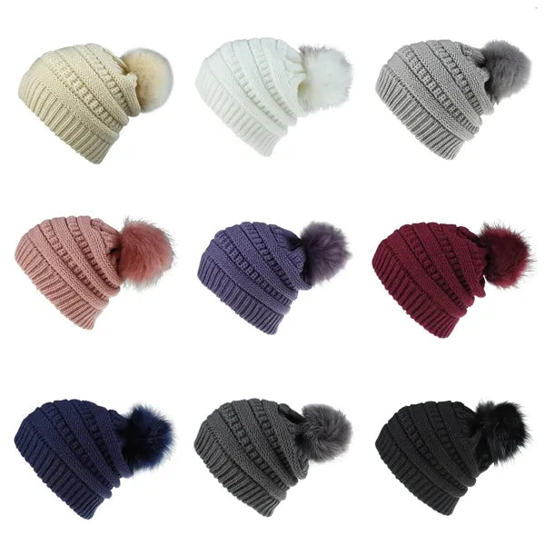 One-Size Slouchy Acrylic Knit Beanie with Faux Fur Pom