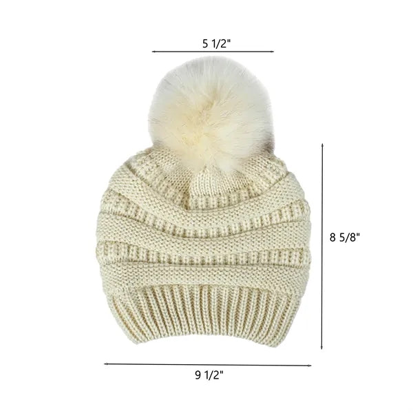 One-Size Slouchy Acrylic Knit Beanie with Faux Fur Pom