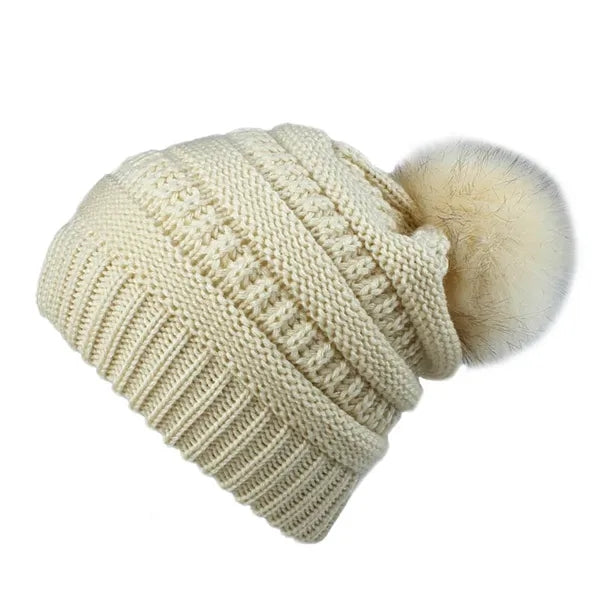 One-Size Slouchy Acrylic Knit Beanie with Faux Fur Pom