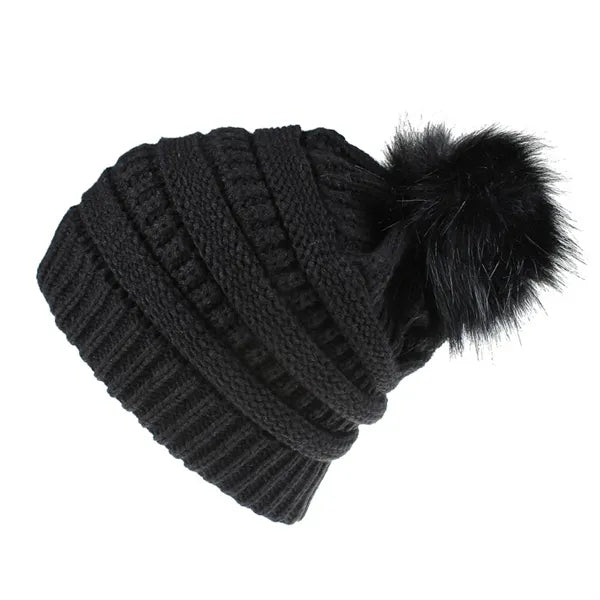 One-Size Slouchy Acrylic Knit Beanie with Faux Fur Pom