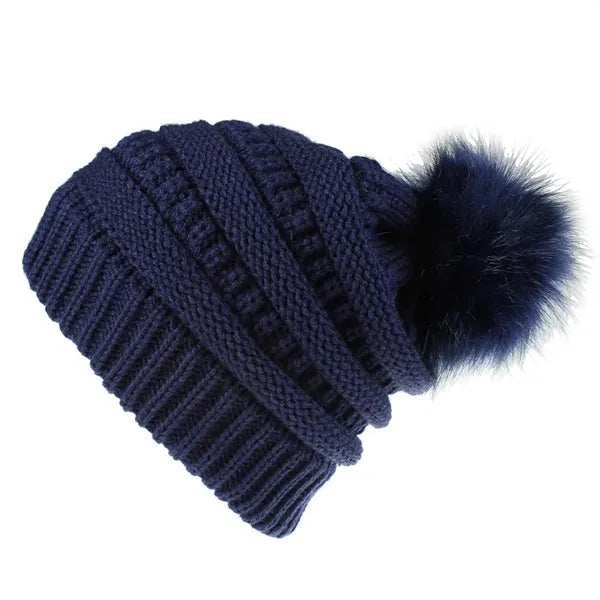 One-Size Slouchy Acrylic Knit Beanie with Faux Fur Pom