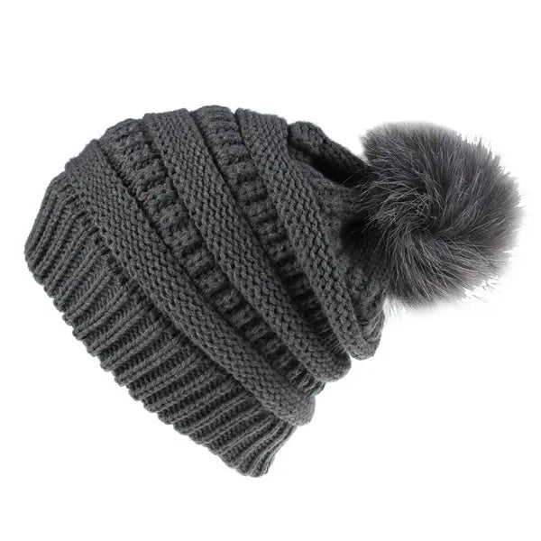 One-Size Slouchy Acrylic Knit Beanie with Faux Fur Pom
