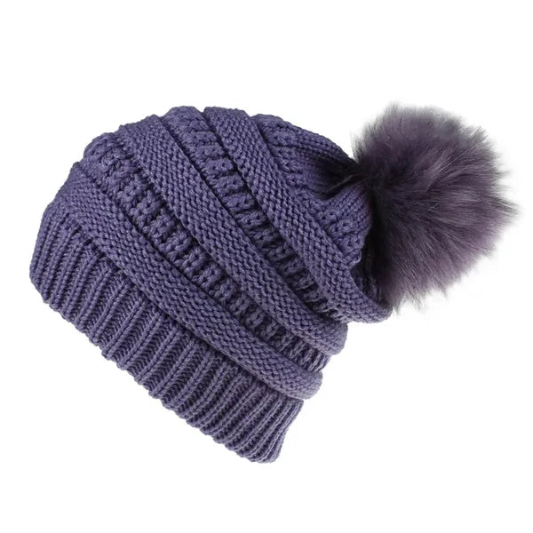 One-Size Slouchy Acrylic Knit Beanie with Faux Fur Pom