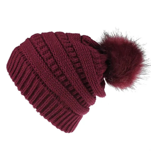 One-Size Slouchy Acrylic Knit Beanie with Faux Fur Pom