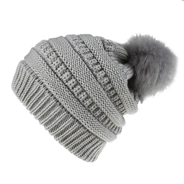 One-Size Slouchy Acrylic Knit Beanie with Faux Fur Pom