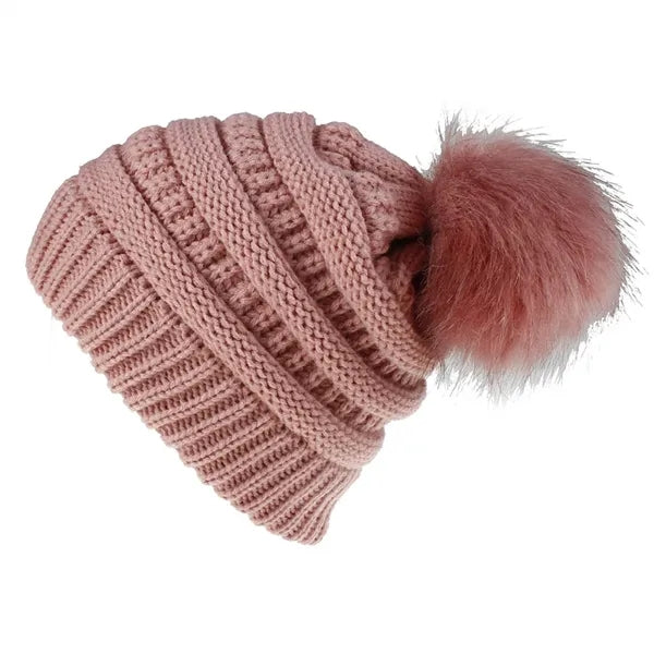 One-Size Slouchy Acrylic Knit Beanie with Faux Fur Pom