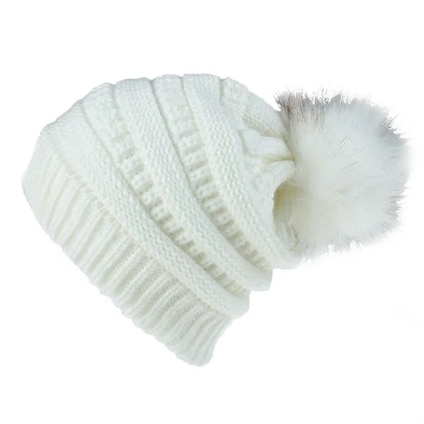 One-Size Slouchy Acrylic Knit Beanie with Faux Fur Pom