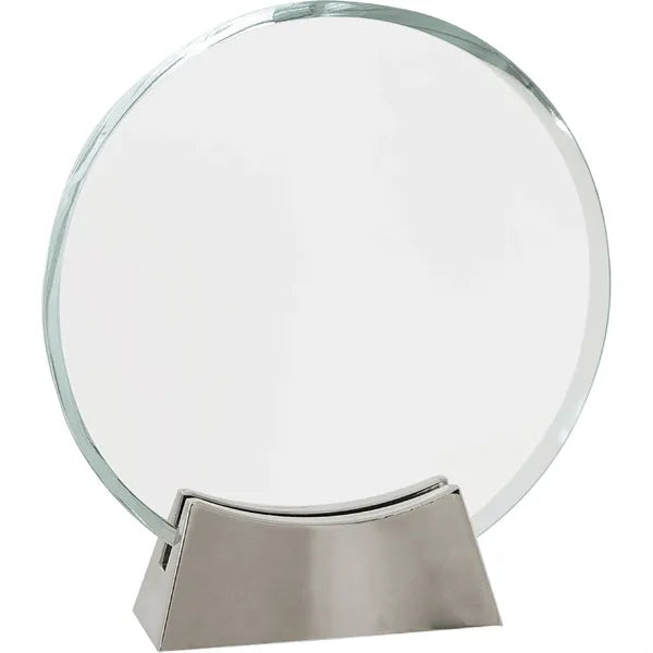 7 1/4" Clear Round Platinum Glass Award w/ Metal Base