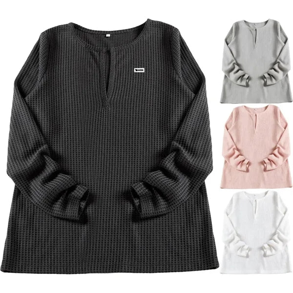 Women Long Sleeve V-Neck Waffle Shirt