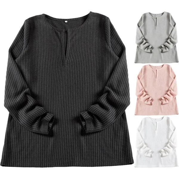 Women Long Sleeve V-Neck Waffle Shirt