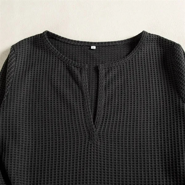 Women Long Sleeve V-Neck Waffle Shirt