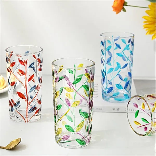 11oz Painted Leaf Pattern Glass Cup